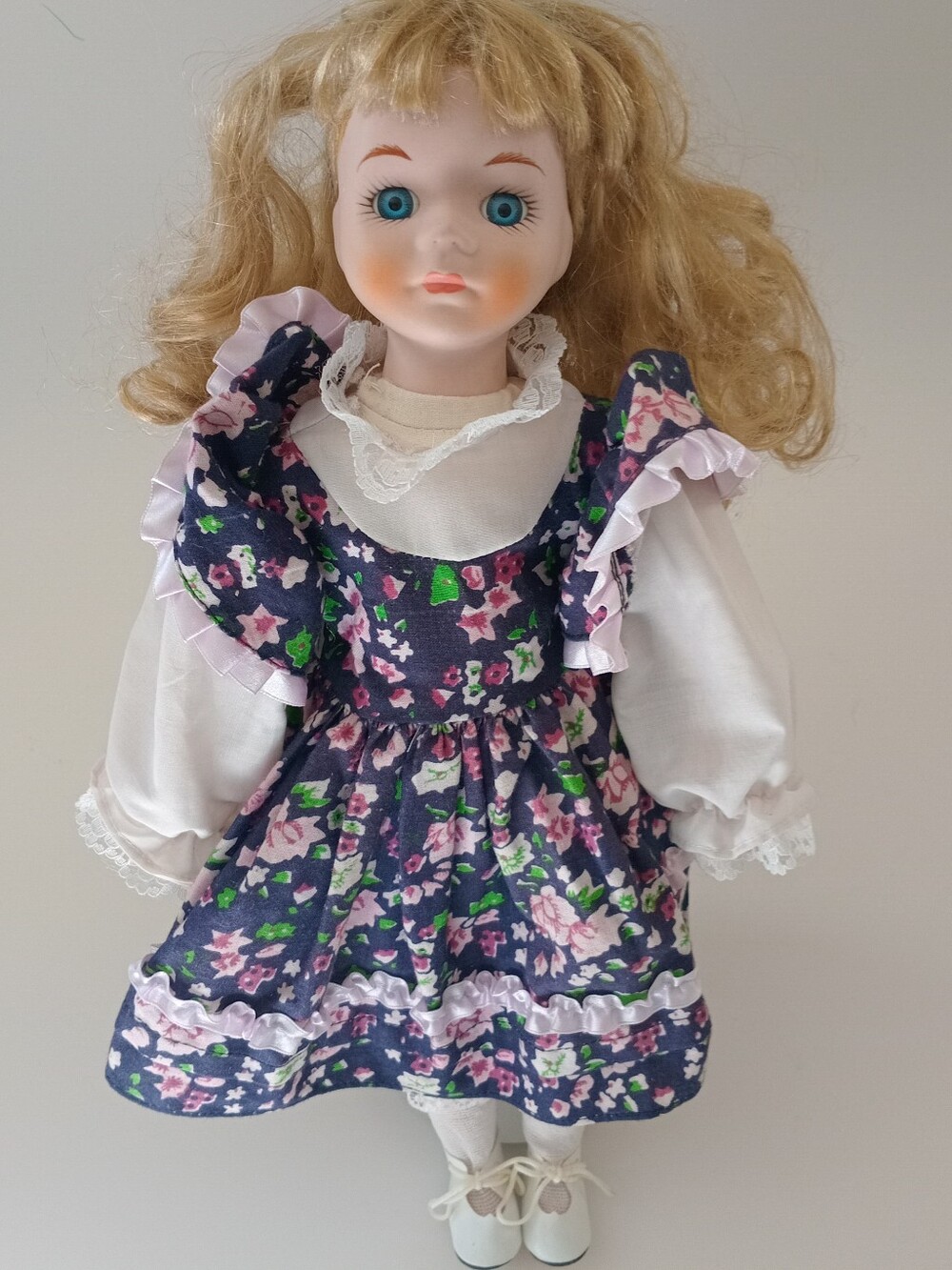 Vintage Porcelain Doll Blonde Blue Eyes Floral Dress Stand D807